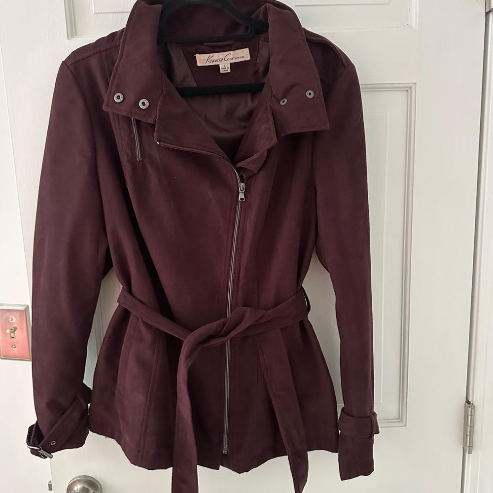 Kenneth Cole Burgundy Trench Coat Asymmetrical Zip Belted